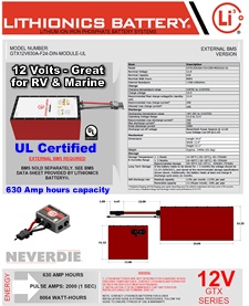 Click here for a larger image of this powerful, light weight, high performance 600 Amp hour 12 Volt Lithionics lithium ion batteries for RVs, marine, solar applications, industrial projects, electric marine propulsion systems and more...